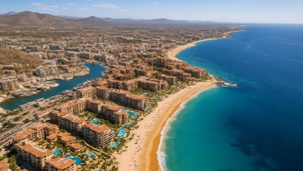 Aerial view of Los Cabos marina and coastline in April, vibrant scenery.