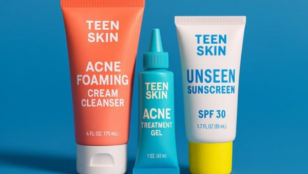 Skincare products for teens including cleanser, acne gel, and sunscreen.