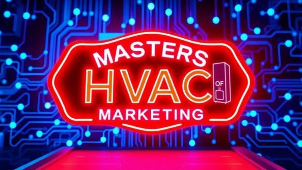 Masters of HVAC Marketing neon logo on digital background.