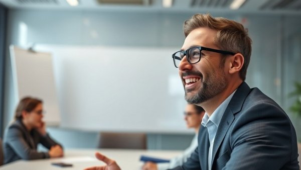 Smiling professional discussing hiring reputation management in office.