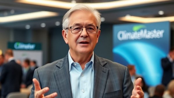 Elderly man presenting at a ClimateMaster event on geothermal heating and cooling.