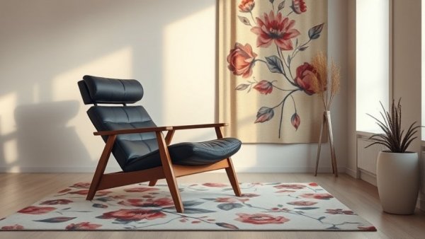Modern minimalist interior with black lounge chair and floral decor.