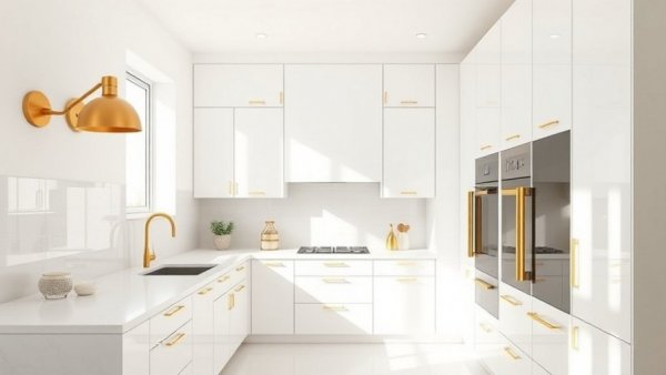 Minimalist kitchen with white cabinets and gold fixtures.