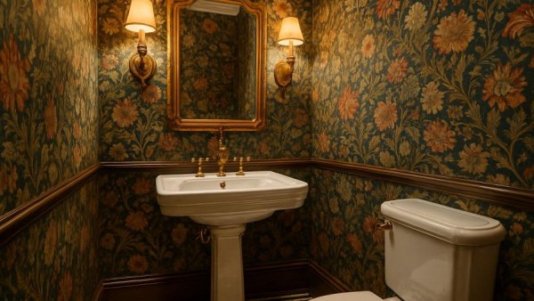 Elegant bathroom design featuring vintage wallpaper and geometric tiles, ideal for bathroom remodeling in Houston, TX.