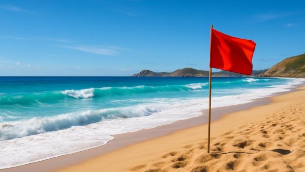 Cabo beaches red flags warning with vibrant ocean and hills.