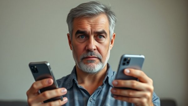Middle-aged man with smartphones, highlighting AI technologies in virtual meetings.