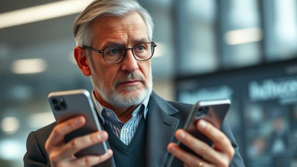Distinguished man holding smartphones, AI vs Zoom discussion.