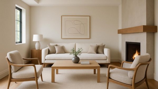 Elegant transitional living room design with white sofa and fireplace.