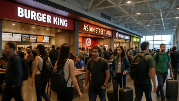 Travelers at Los Cabos Airport food court with $30 pizza.