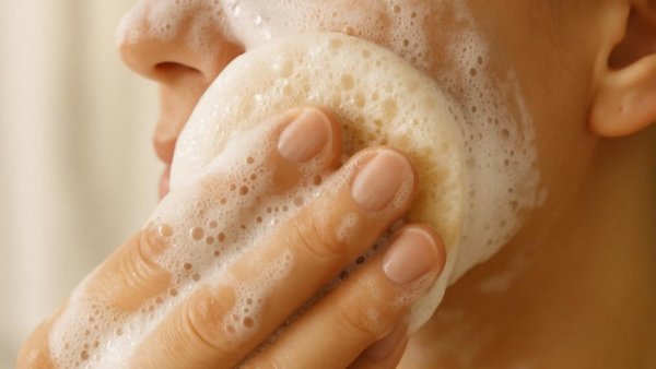 Hand using Buf-Puf Regular Facial Sponge with white foam.