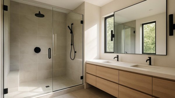 Modern bathroom design in Houston, featuring a spacious shower and dual vanity, perfect for remodeling inspirations.