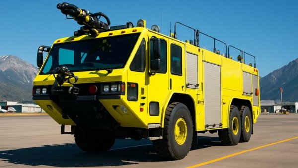 Los Cabos Airport fire truck on tarmac with mountains.