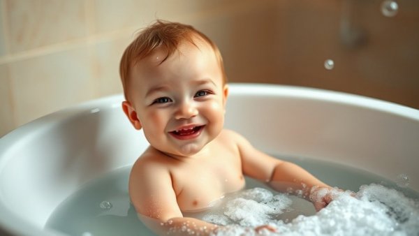 Can babies use adult soap? Baby in a bath with soap.