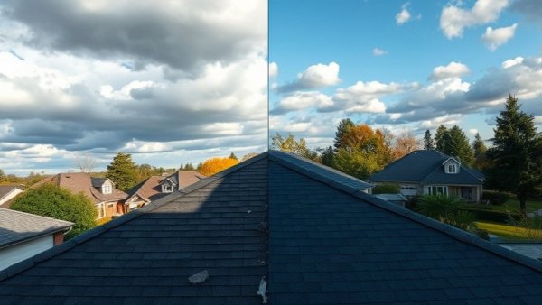 Contrasting roof conditions showing storm damage vs natural wear.
