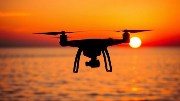 Drone silhouetted against sunset, Ondas Inc. stock investment analysis connection.