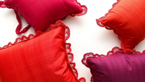 Vibrant plant-dyed silk cushions with crocheted edges.