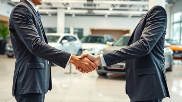 Business professionals shaking hands at a car dealership, agreement.