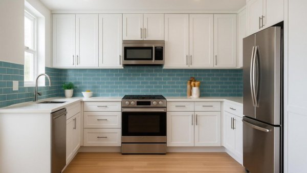 Coastal kitchen with blue backsplash and white cabinets.