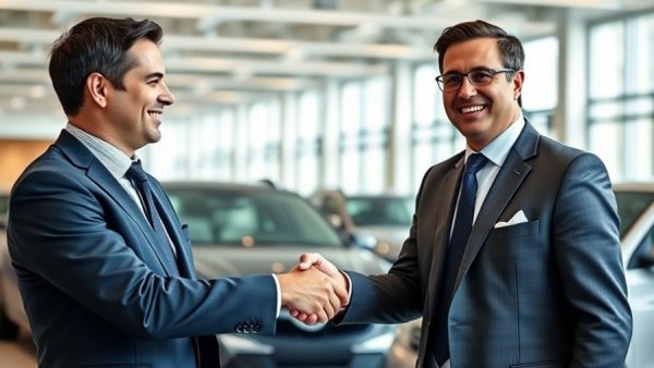 Men shaking hands in car showroom discussing gap insurance benefits.
