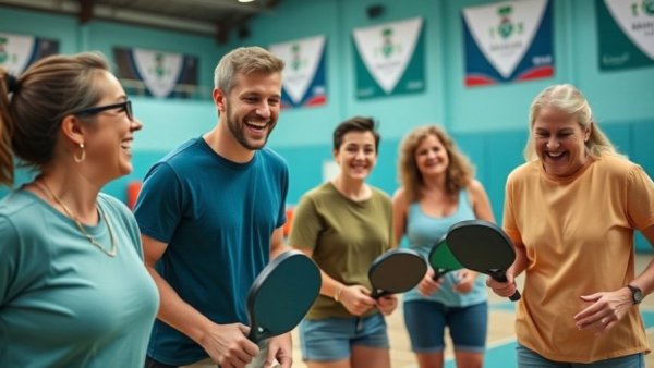 Corporate sports event with people playing pickleball indoors.