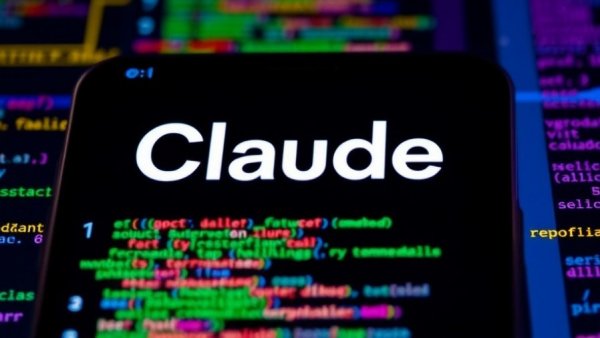 Close-up of 'Claude' on smartphone screen with colorful code.