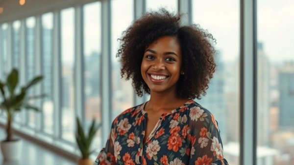 Confident woman representing diversity in venture capital, cityscape backdrop.