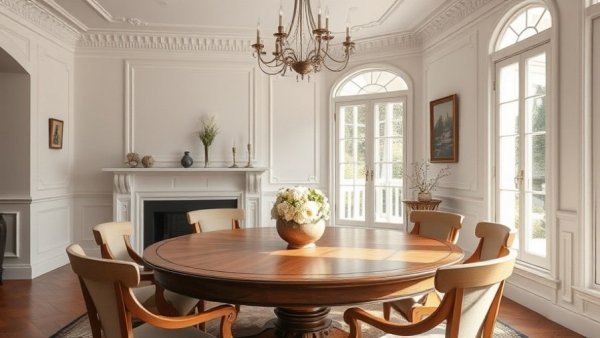 Elegant dining room showcasing a cozy and bright setting.