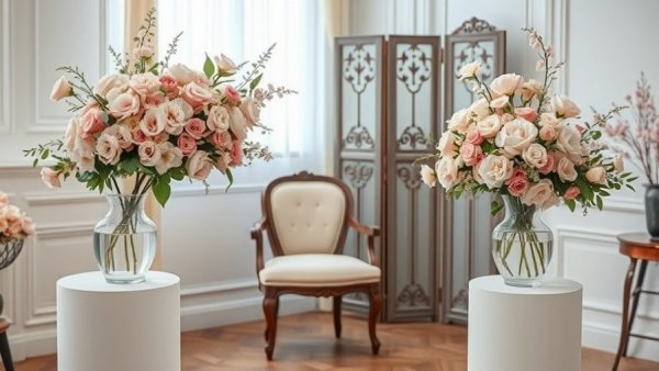 Elegant florals for spring in a serene setting with vintage decor.