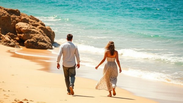 Couple walking on Cabo beach, romantic travel scene