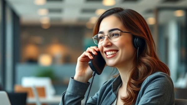 Young woman smiling on phone in office, speed to lead concept.