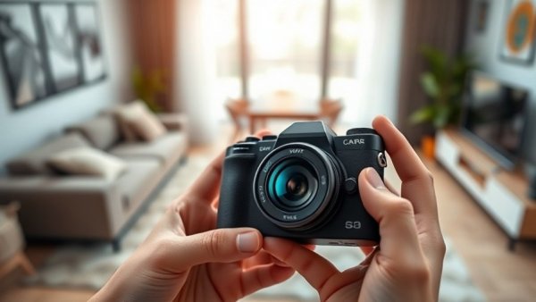 Close-up of hands with a sleek action camera, modern living room.