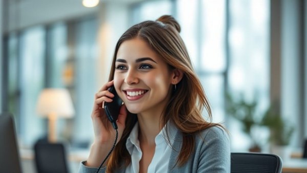 Professional woman on phone in modern office, speed to lead concept.