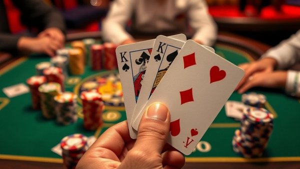 Poker cards showing kings, chips on table, vibrant game setting.