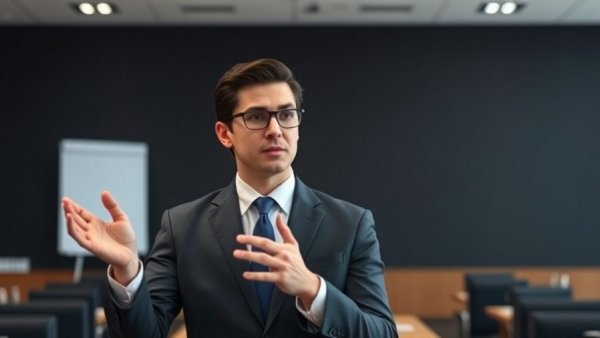 Young professional discussing venture capital strategies, conference.