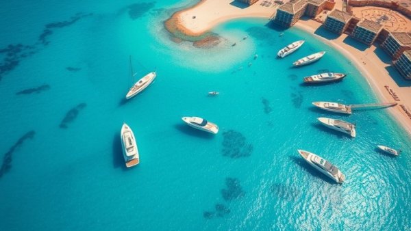Aerial view of Los Cabos blue flag beach with clear waters and yachts.