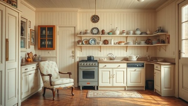 Restored early 20th-century kitchen with cream paneling and vintage decor.