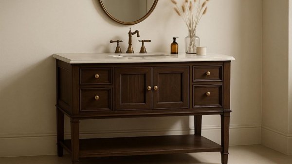 Modern bathroom with dark vanity in Houston remodeling project