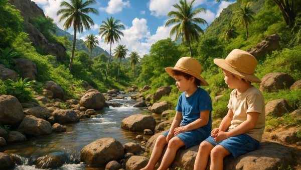 Children exploring Los Cabos adventures by a rocky stream.