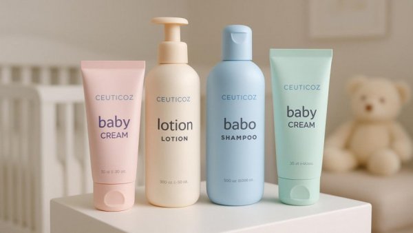 Ceuticoz Baby Skincare Line products with cute packaging in a nursery setting.