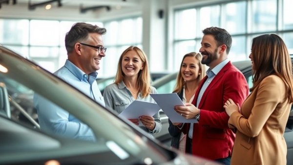 Customers with dealer discussing finance programs in showroom.