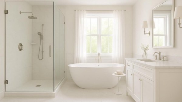 Elegant bathroom with walk-in shower and tub in Houston TX remodel.