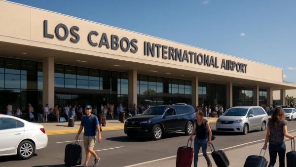 Los Cabos airport entrance bustling with travelers and cars.
