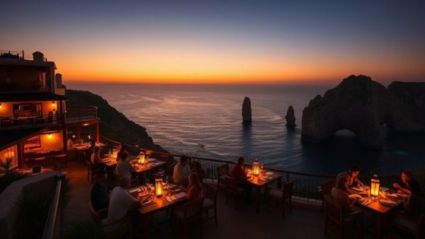 Cliffside dining in Cabo San Lucas at sunset, vibrant ocean view.