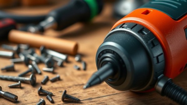 Modern electric screwdriver in DIY workspace with wooden surface.