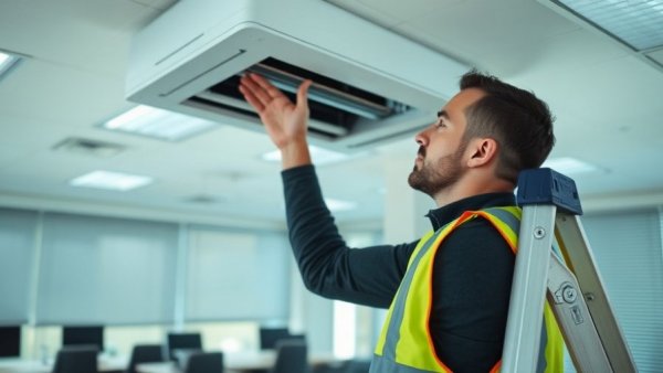 Technician adjusting HVAC unit in office; protects HVAC margins.