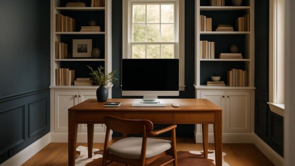 Stylish lake view transitional home office with modern decor.