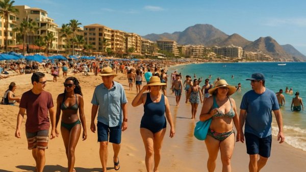 Cabo San Lucas beach with tourists, highlighting travel tips for 2026.