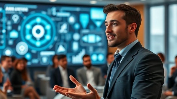 Confident speaker discussing AI tools in photography at a conference.