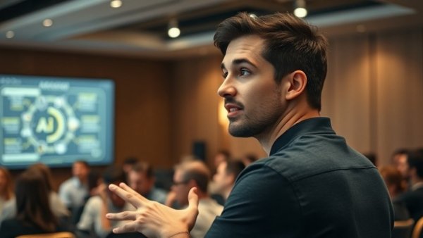 Young man presenting about autonomous systems in a conference room.