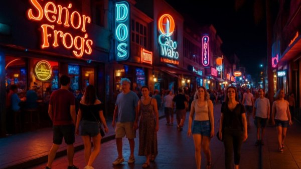 Los Cabos vibrant nightlife with neon-lit bars on bustling street.
